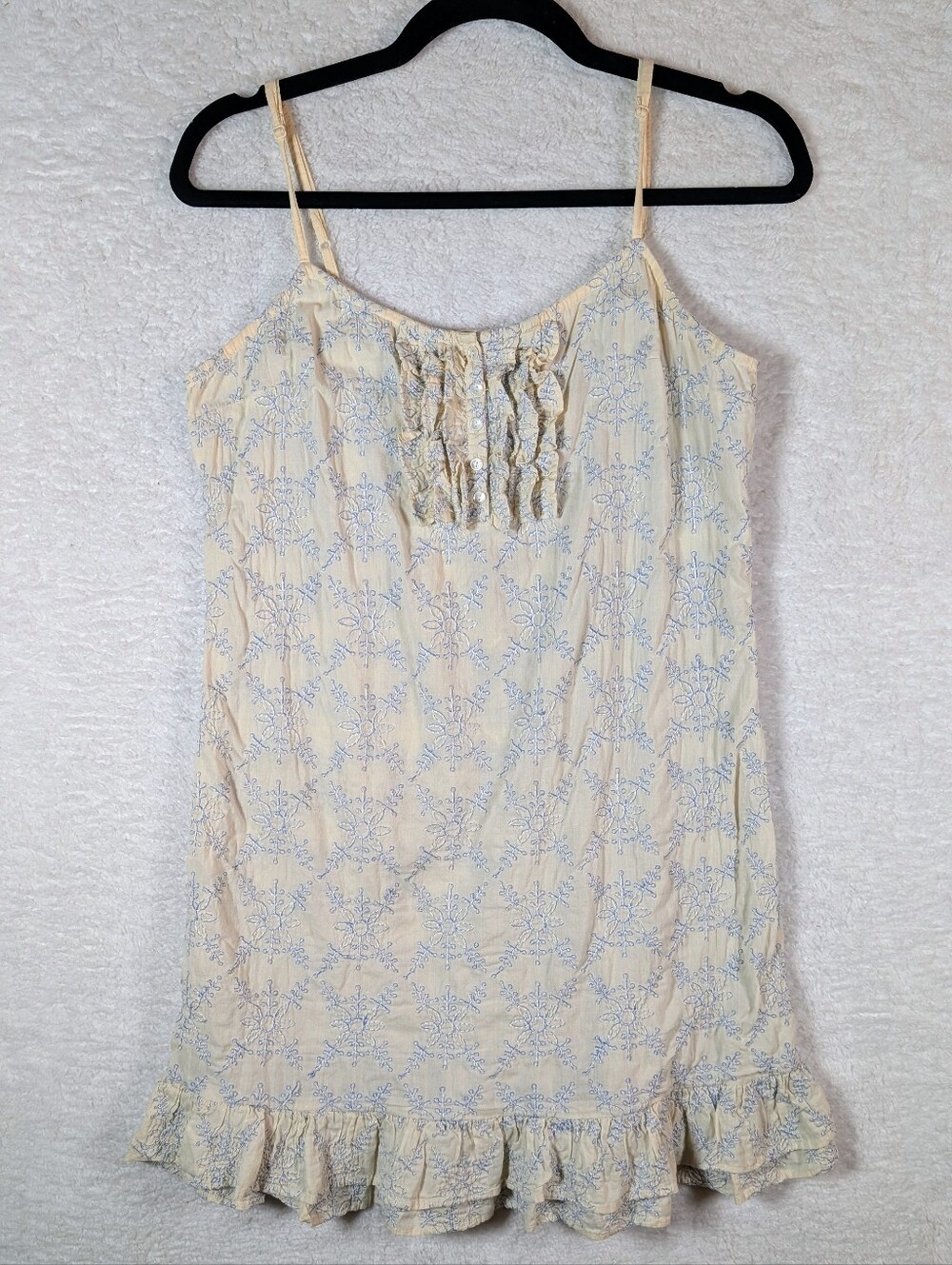 113-Thistle pearl 💯 Cotton Light Cream Floral Ruffle‎ Mini Dress